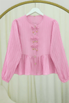 Önü Fiyonk Detaylı Düğmeli Kolu Lastikli Bluz -Pembe-Bluz-398-1043-R20