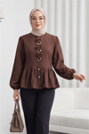 Önü Fiyonk Detaylı Düğmeli Kolu Lastikli Bluz   -Kahve-Bluz-398-1043-R15