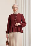 Önü Fiyonk Detaylı Düğmeli Kolu Lastikli Bluz   -Bordo-Bluz-398-1043-R04