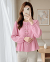 Önü Fiyonk Detaylı Düğmeli Kolu Lastikli Bluz -Pembe-Bluz-398-1043-R20