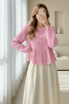 Önü Fiyonk Detaylı Düğmeli Kolu Lastikli Bluz -Pembe-Bluz-398-1043-R20