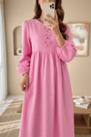 Önü Fiyonk Detaylı Kolları Lastikli Müslin Elbise -Pembe-Elbise-349-7071-R20