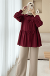 Önü Fiyonk Detaylı Parçalı Gömlek  -Bordo-Gömlek-398-1026-R04