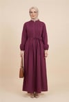 Önü Nervürlü Yarım Düğmeli Poplin Elbise -Mürdüm-Elbise-111-61583-R09