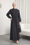 Önü Nervürlü Yarım Düğmeli Poplin Elbise -Siyah-Elbise-111-61583-R01