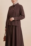 Önü Şerit Taşlı Bağcıklı Gömlek Etek İkili Modal Takım  -Kahve-Takım-380-4426-R15