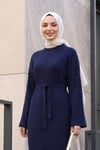 Önü Serpme İncili Fitilli Kemerli Triko Elbise -Lacivert