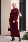 Önü Serpme İncili Fitilli Kemerli Triko Elbise -Bordo