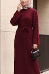 Önü Serpme İncili Fitilli Kemerli Triko Elbise -Bordo