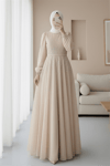 Önü Taş Detaylı Astarlı Tül Abiye -Bej-Abiye-316-4789-R56