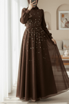 Önü Taş Detaylı Astarlı Tül Abiye -Kahve-Abiye-316-4789-R15