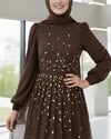 Önü Taş Detaylı Astarlı Tül Abiye -Kahve-Abiye-316-4789-R15
