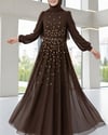 Önü Taş Detaylı Astarlı Tül Abiye -Kahve-Abiye-316-4789-R15