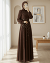 Önü Taş Detaylı Astarlı Tül Abiye -Kahve-Abiye-316-4789-R15