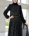 Önü Taş Detaylı Astarlı Tül Abiye -Siyah-Abiye-316-4789-R01