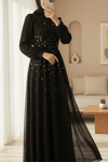 Önü Taş Detaylı Astarlı Tül Abiye -Siyah-Abiye-316-4789-R01
