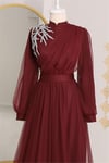 Önü Taş Detaylı Drapeli Kemerli Tül Abiye -Bordo-Tül Abiye-316-4245-R04