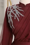 Önü Taş Detaylı Drapeli Kemerli Tül Abiye -Bordo-Tül Abiye-316-4245-R04