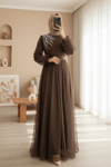 Önü Taş Detaylı Drapeli Kemerli Tül Abiye     -K. Kahve-Abiye-316-4245-R54