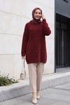 Önü Taş Detaylı Sakallı Salaş Triko Tunik -Bordo