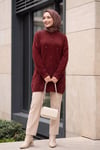Önü Taş Detaylı Sakallı Salaş Triko Tunik -Bordo