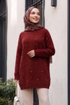 Önü Taş Detaylı Sakallı Salaş Triko Tunik -Bordo