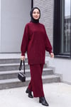 Önü Taş İşlemeli Yırtmaçlı Triko Takım  -Bordo