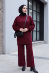 Önü Taş İşlemeli Yırtmaçlı Triko Takım  -Bordo