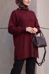 Önü Taş Ve İnci Detaylı Balon Kol Desenli Triko Tunik -Bordo