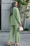 Önü Taşlı Düğmeli Geniş Kol Pantolonlu Salaş Ayrobin Takım -Çağla Yeşili