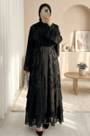 Önü Tül Detaylı Kemerli Eteği Katlı İkili Abaya Takım -Siyah-Abaya-316-4816-R01