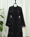 Önü Tül Detaylı Kemerli Eteği Katlı İkili Abaya Takım -Siyah-Abaya-316-4816-R01