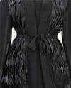 Abaya-Önü Tül Detaylı Kemerli Eteği Katlı İkili Abaya Takım -Siyah-316-4816-R01
