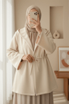Önü Tünel Bağcıklı Scuba Kimono -Bej-Kimono & Kaftan-223-3066-R56