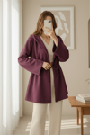 Önü Tünel Bağcıklı Scuba Kimono -Bordo-Kimono & Kaftan-223-3066-R04
