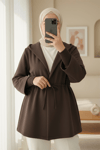 Önü Tünel Bağcıklı Scuba Kimono -K. Kahve-Kimono & Kaftan-223-3066-R54