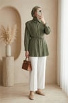 Önü ve Sırtı Pilise Detaylı Gizli Düğmeli Poplin Gömlek -Haki-Tunik-431-261950-R05