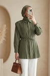 Önü ve Sırtı Pilise Detaylı Gizli Düğmeli Poplin Gömlek -Haki-Tunik-431-261950-R05