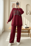 Önü Yazılı Leopar Deseni Detaylı Üç İplik Sweat Takım  -Bordo-Takım-349-5284-R04