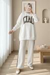 Önü Yazılı Leopar Deseni Detaylı Üç İplik Sweat Takım  -Beyaz-Takım-349-5284-R02