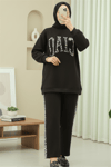 Önü Yazılı Leopar Deseni Detaylı Üç İplik Sweat Takım  -K. Kahve-Takım-349-5284-R54