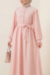 Organze Bebe Yaka Taş Düğmeli Krinkıl Elbise -Somon-Elbise-353-265-R13