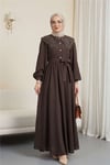Organze Bebe Yaka Taş Düğmeli Krinkıl Elbise -K. Kahve-Elbise-353-265-R54