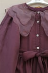 Organze Bebe Yaka Taş Düğmeli Krinkıl Elbise -Vişne-Elbise-353-265-R44