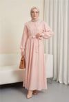 Organze Bebe Yaka Taş Düğmeli Krinkıl Elbise -Somon-Elbise-353-265-R13