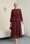 Organze Tül Çiçekli Beli Kemerli İthal Krep Takım  -Bordo-Takım-349-8054-R04