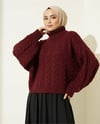 Örgü Desenli Boğazlı Triko Kazak  -Bordo-Kazak-109-0932-R04