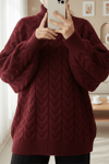 Örgü Desenli Boğazlı Triko Kazak  -Bordo-Kazak-109-0932-R04