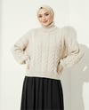 Örgü Desenli Boğazlı Triko Kazak  -Ekru-Kazak-109-0932-R07