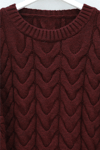 Örgü Desenli Salaş Krop Triko Kazak -Bordo-Kazak-109-0975-R04